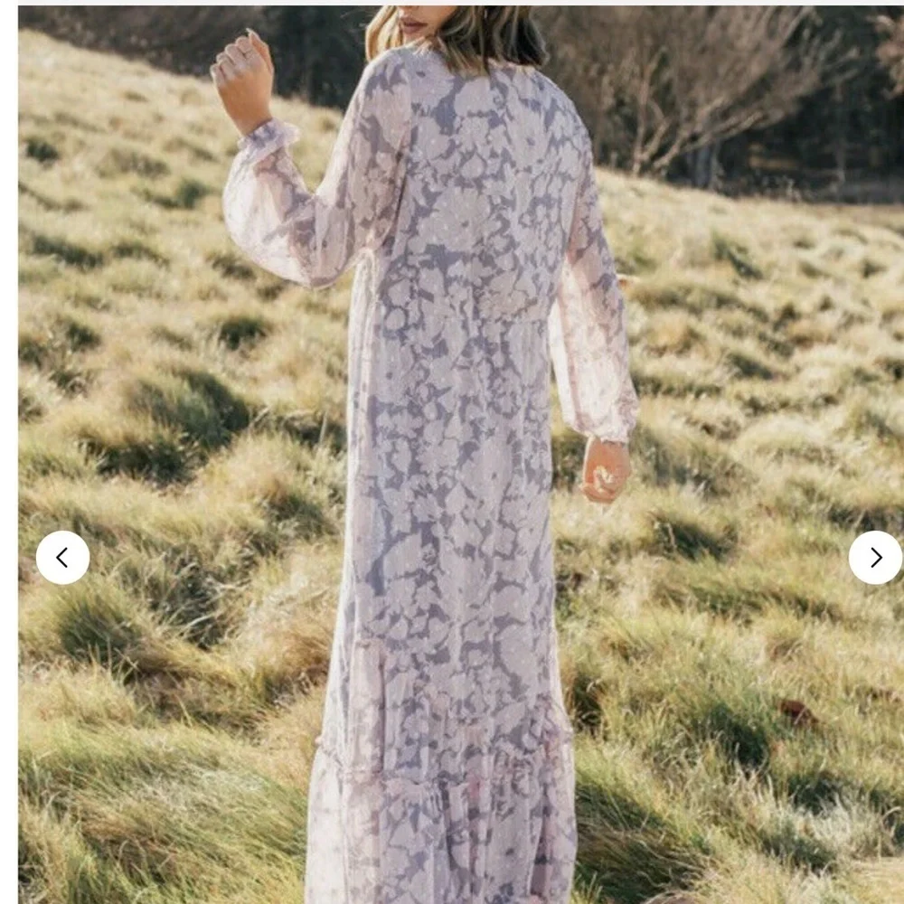 Lovestitch Pink & Grey Floral Balloon Sleeve V-Neck Tiered Maxi Dress Size Med - Picture 2 of 12